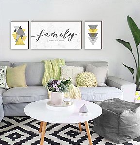 Trio de quadros decorativos Family personalizado marmorizado + Geométricos amarelo [BOX DE MADEIRA]