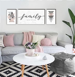 Trio de quadros decorativos Family personalizado marmorizado + Geométricos rosa [BOX DE MADEIRA]