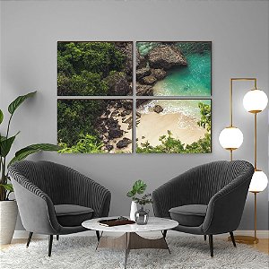 Quarteto de quadros decorativos paisagem janela Montanha e Praia [BOX DE MADEIRA]