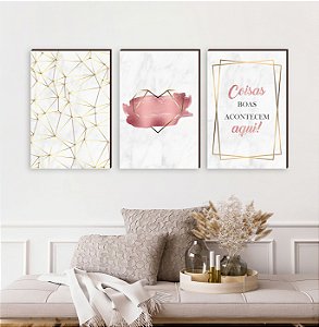 Trio de quadros decorativos Geométrico + Coração + Coisas boas acontecem aqui - marmorizado - rose gold - dourado [BOX DE MADEIRA]