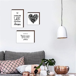 Trio de quadros decorativos Chame de lar + Troco amor + CoraÃ§Ã£o love [BOX DE MADEIRA]