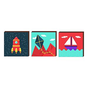 Trio de quadros decorativos infantil Foguete + Pipa + Barco - quadrado [BOX DE MADEIRA]