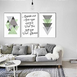 Trio de quadros decorativos GeomÃ©tricos + Quando vocÃª ama - verde [BOX DE MADEIRA]