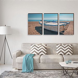 Trio de quadros decorativos paisagem Barco a beira mar [BOX DE MADEIRA]