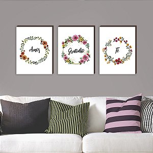 Trio de quadros decorativos Amor + GratidÃ£o + FÃ© [BOX DE MADEIRA]