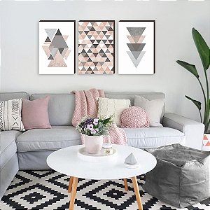 Trio de quadros decorativos GeomÃ©tricos rosa antigo [BOX DE MADEIRA]