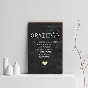 Quadro Decorativo  Gratidão + Frase + Coração Verde Fundo Marmorizado Preto [BoxMadeira]