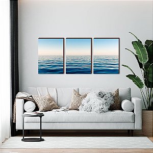Trio de quadros decorativos paisagem Mar calmo [BOX DE MADEIRA]