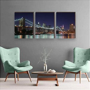 Trio de quadros decorativos paisagem Ponte New York - colorido [BOX DE MADEIRA]