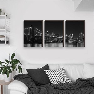 Trio de quadros decorativos paisagem Ponte New York - preto e branco [BOX DE MADEIRA]
