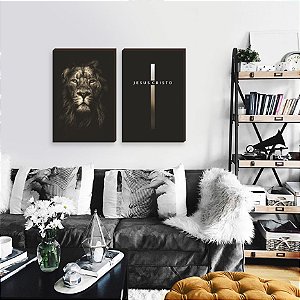 Dupla de quadros decorativos LeÃ£o iluminado + Cruz Jesus Cristo - sÃ©pia [BOX DE MADEIRA]