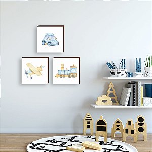 Trio de quadros decorativos infantil Carro + AviÃ£o + Trem aquarela - quadrado [BOX DE MADEIRA]