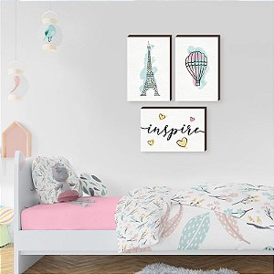 Trio de quadros decorativos infantil Torre Eiffel + BalÃ£o + Inspire [BOX DE MADEIRA]