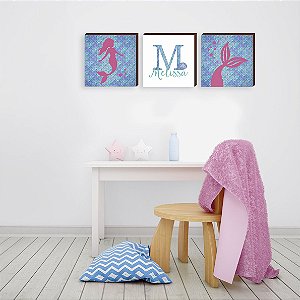 Trio de quadros decorativos infantil Sereia + Nome + Cauda de sereia - quadrado [BOX DE MADEIRA]