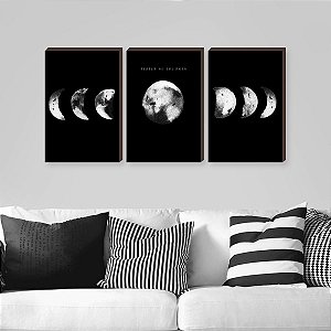 Trio de quadros decorativos Fases da Lua - preto [BOX DE MADEIRA]