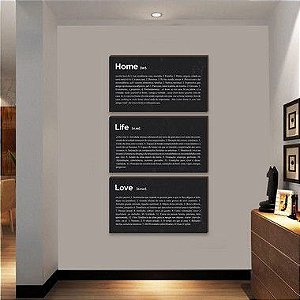 Trio de quadros decorativos Home + Life + Love - vertical [BOX DE MADEIRA]
