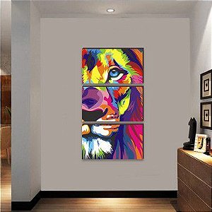 Trio de quadros decorativos Leão colorido - vertical [BOX DE MADEIRA]