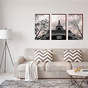 Trio de quadros decorativos paisagem Torre Eiffel Mod. 02 [BOX DE MADEIRA]