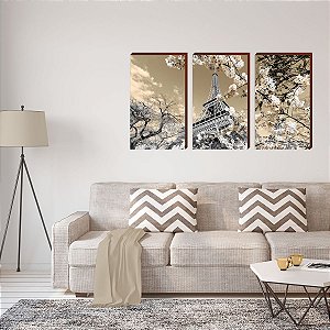 Trio de quadros decorativos paisagem Torre Eiffel Mod. 04 [BOX DE MADEIRA]