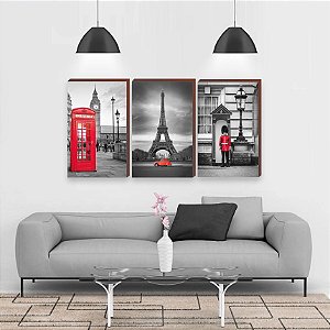 Trio de quadros decorativos Cabine + Torre + Soldado - preto e branco [BOX DE MADEIRA]