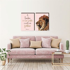Dupla de quadros decorativos Leão de Judá + O Senhor é meu pastor - vertical - rosa [BOX DE MADEIRA]