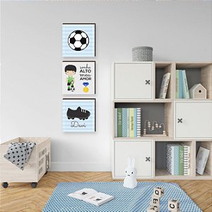 Trio de quadros decorativos infantil Futebol chuteira e bola + Sonhe alto meu amor + Nome - quadrado [BOX DE MADEIRA]