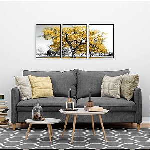 Trio de quadros decorativos Árvore Ipê amarelo [BOX DE MADEIRA]