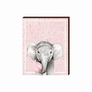 Quadro Animais Chiclete Realístico Elefante fundo e chiclete ROSA [BoxMadeira]