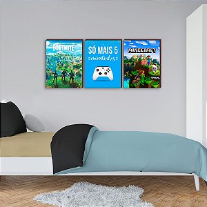 Trio de quadros decorativos infantil Fortinite + Só mais cinco minutos + Minecraft [BOX DE MADEIRA]