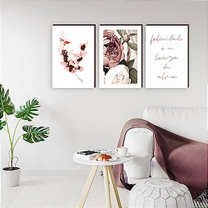 Trio de quadros decorativos Flor + Peônia + Felicidade é a leveza da alma [BOX DE MADEIRA]