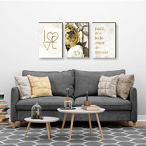 Trio de quadros decorativos Love + Peônia + Para nós todo amor do mundo - dourado [BOX DE MADEIRA]