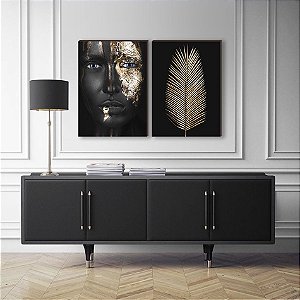 Dupla de quadros decorativos Mulher preto com textura dourada + Folhagem dourada [BOX DE MADEIRA]