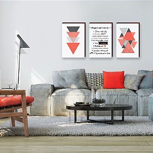 Trio de quadros decorativos Abstrato geométricos coral + Regras da família [BOX DE MADEIRA]