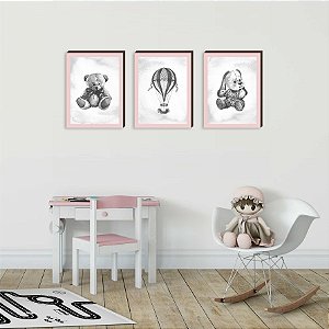 Trio de quadros decorativos Infantil Vintage ursos + Balão - rosa [BOX DE MADEIRA]
