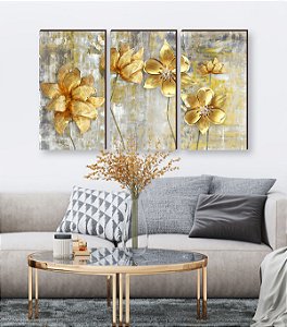 Trio de quadros decorativos Pintura flores amarelas [BOX DE MADEIRA]