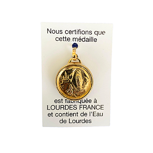 Medalha Redonda Bernadette na Gruta com Água da Gruta de Lourdes - Dourada