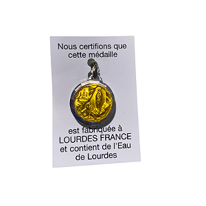 Medalha Original da Aparição de Lourdes com Água da Gruta de Lourdes - Redondo - Bernadette na Gruta - Amarelo