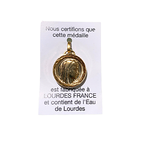 Medalha Original N. Senhora de Lourdes com Água da Gruta de Lourdes - Dourada - Rosto de Nossa Senhora