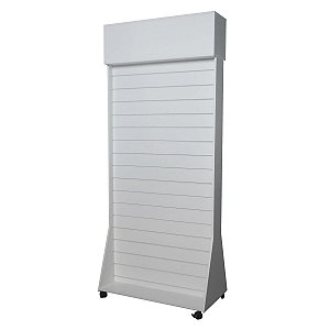 Gôndola expositor loja com 2 faces e testeira para logo ( expõe dos 2 lados) - rodas na base - canaletas de PVC - 2,15 m A x 90 cm L - MFDF18 mm Reforçado