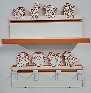 KIT Prateleira infantil organizadora ZOO STAR , fabricado em madeira MDF 18mm  com animais esculpidos na parte superior - MDF Branco com bordas laranja