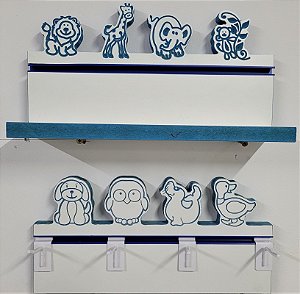 KIT Prateleira infantil organizadora ZOO STAR , fabricado em madeira MDF 18mm  com animais esculpidos na parte superior - MDF Branco com bordas azul