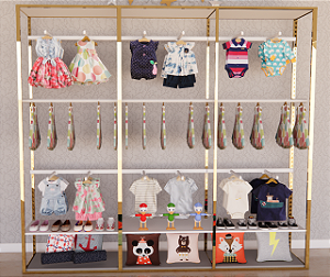 Conjunto expositor loja Topázio baby - Estante modular para roupas infantis - Móvel estrutura cremalheira c/ regulagem de altura + prateleiras + Arara + Barra + Rts + Cabides Madeira -Dourado, Rose ou Preto - 3,10 M largura x 2,20 m A x 0,45 m Prof.
