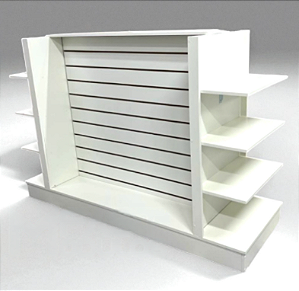 Gôndola Central com Painel Canaletado e Prateleiras Laterais – 100% MDF 15mm – Design Funcional e Resistente – 1,20m Altura x 1,80m Largura x 0,60m Profundidade - PRONTA ENTREGA