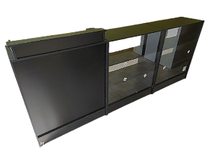 Balcão de Atendimento com Vitrine - 3 Módulos (2 com Frente em Vidro + 1 Módulo de Balcão Caixa MDF) – Reforçado – 1,10m Altura x 2,55m Largura x 0,38m Profundidade – MDF 15mm