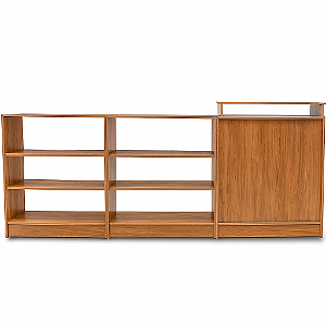 Balcão de Atendimento com Vitrine - 3 Módulos (2 com Frente em Vidro + 1 Módulo de Balcão Caixa MDF) – Reforçado – 1,10m Altura x 2,55m Largura x 0,38m Profundidade – MDF 15mm
