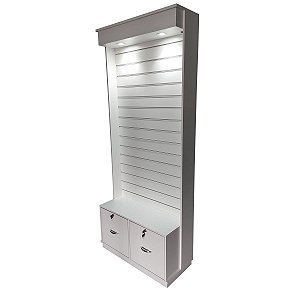 Gôndola Expositora com Gavetas, Iluminação, Rodízios na Base , Espaço para logotipo e canaletas de PVC nos trilhos - 2,2m x90cmx40cm - Madeira MDF 18mm