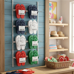 KIT Expositor de Chinelos Padrão Havaianas – Sistema Cremalheira com Ajuste de Altura, Ganchos Reforçados e 3 Tamanhos – Melhor Custo-Benefício do Brasil