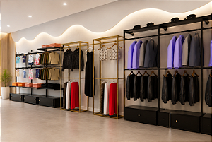 Loja Completa para Moda Unissex – 60 m² | 20 Peças em MDF Preto e Metalon Dourado | Balcão Vitrine + Expositores Premium