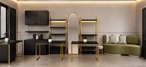 Loja Pronta Completa para Bijuterias e Acessórios – 14 Peças Especiali | MDF Preto e Metalon Dourado | Com LED, Balcão Vitrine e Expositores
