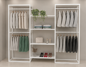 Conjunto Expositor 3 MÓDULOS + Conexão - Loja Estante Modular Metalon Ester - Estrutura Cremalheira c/ Regulagem de Altura e Desmontável + Prateleiras + Arara + Cabides Madeira 2,98 M L x 2,20 m A x 0,45 m P - PROMOÇÃO